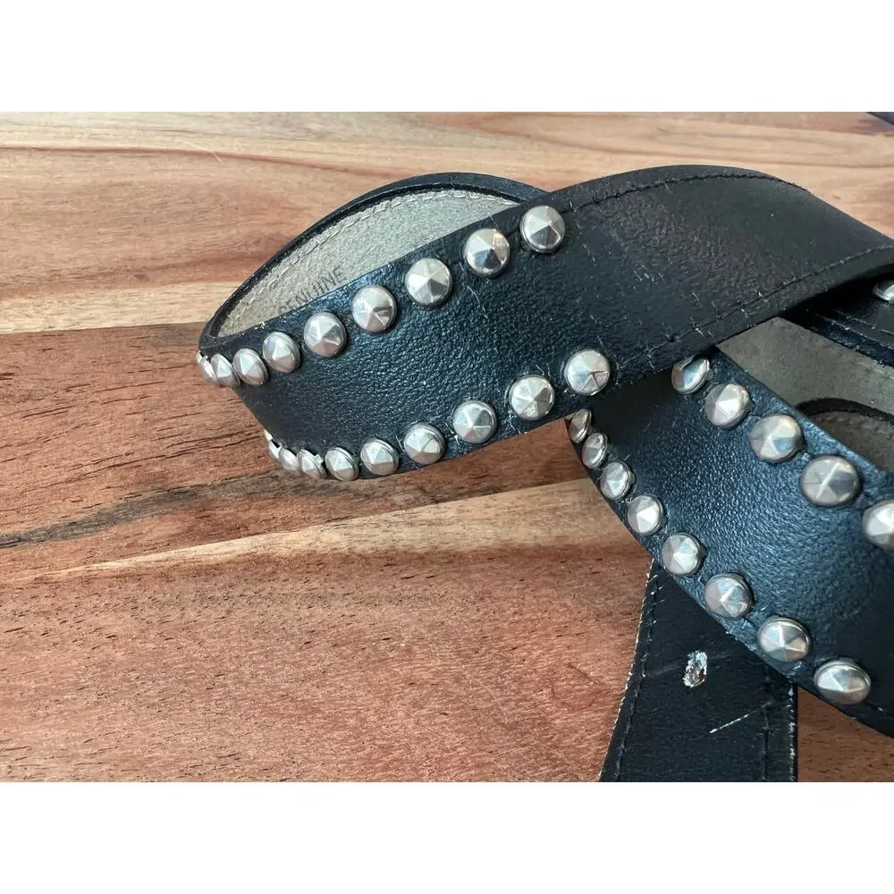 M/L leather belt western silver tone buckle studded black women's Y2K Gothic
